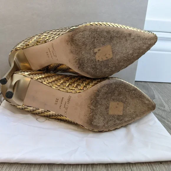 Jimmy Choo Romy 85 Gold Mix Woven Metallic Fabric Pointy Toe Pump Sz/ 8.5 - Picture 14 of 15